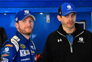 Dale Earnhardt Jr. (88) and crew chief Greg Ives during practice for the Daytona 500 at Daytona International Speedway. - Source: Imagn