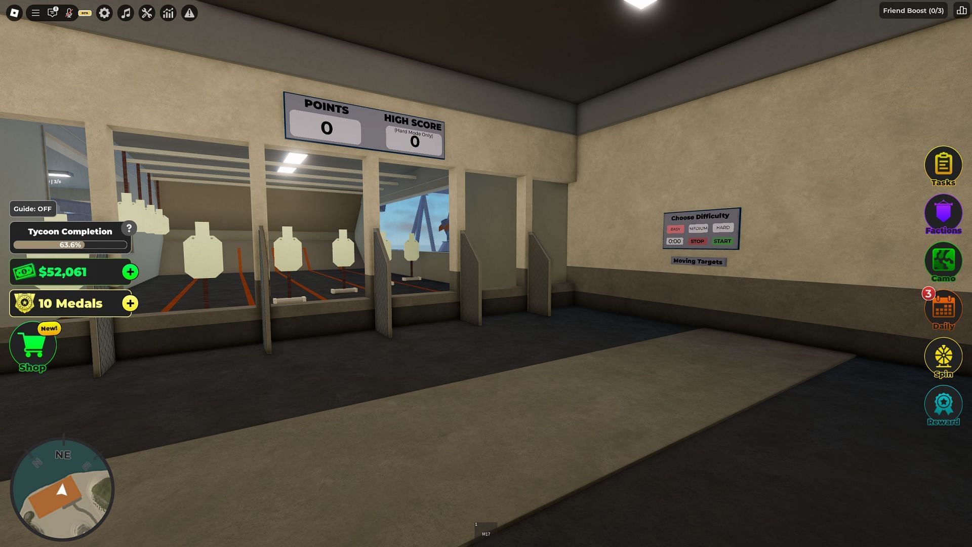 Focus on building the shooting range and purchase weapon buttons to become powerful (Image via Roblox)