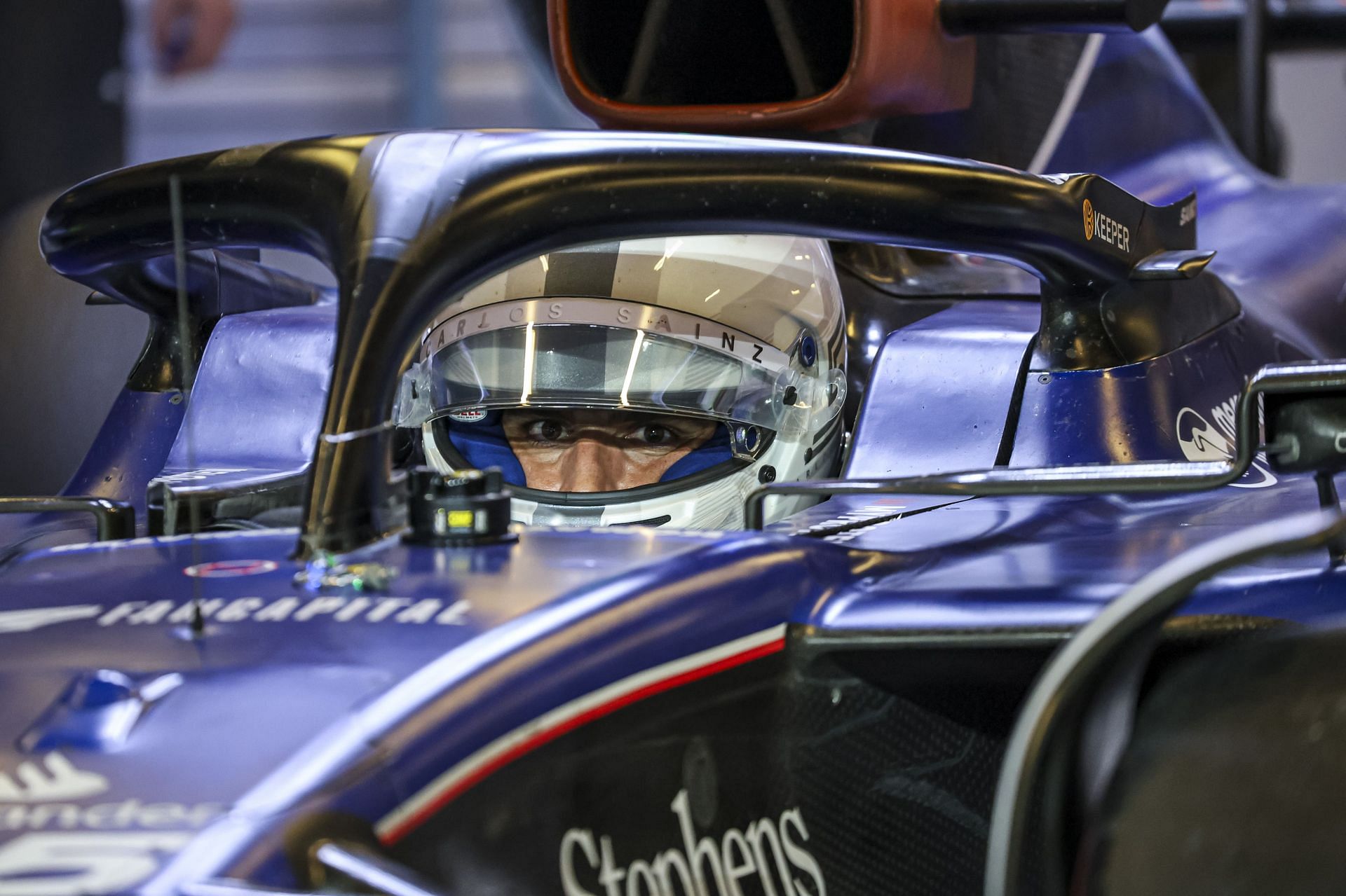 Carlos Sainz of Spain spotted in the car in the pit with his new team Williams. Sainz, driver of Williams Racing Formula One Team with a white helmet in the FW46 F1 race car no 55, on track during post-season test day at the YAS circuit, after the F1 Grand Prix of Abu Dhabi at Yas Marina Circuit, Abu Dhabi, United Arab Emirates on December 10, 2024 (Photo by Nicolas Economou/NurPhoto via Getty Images) - Source: Getty