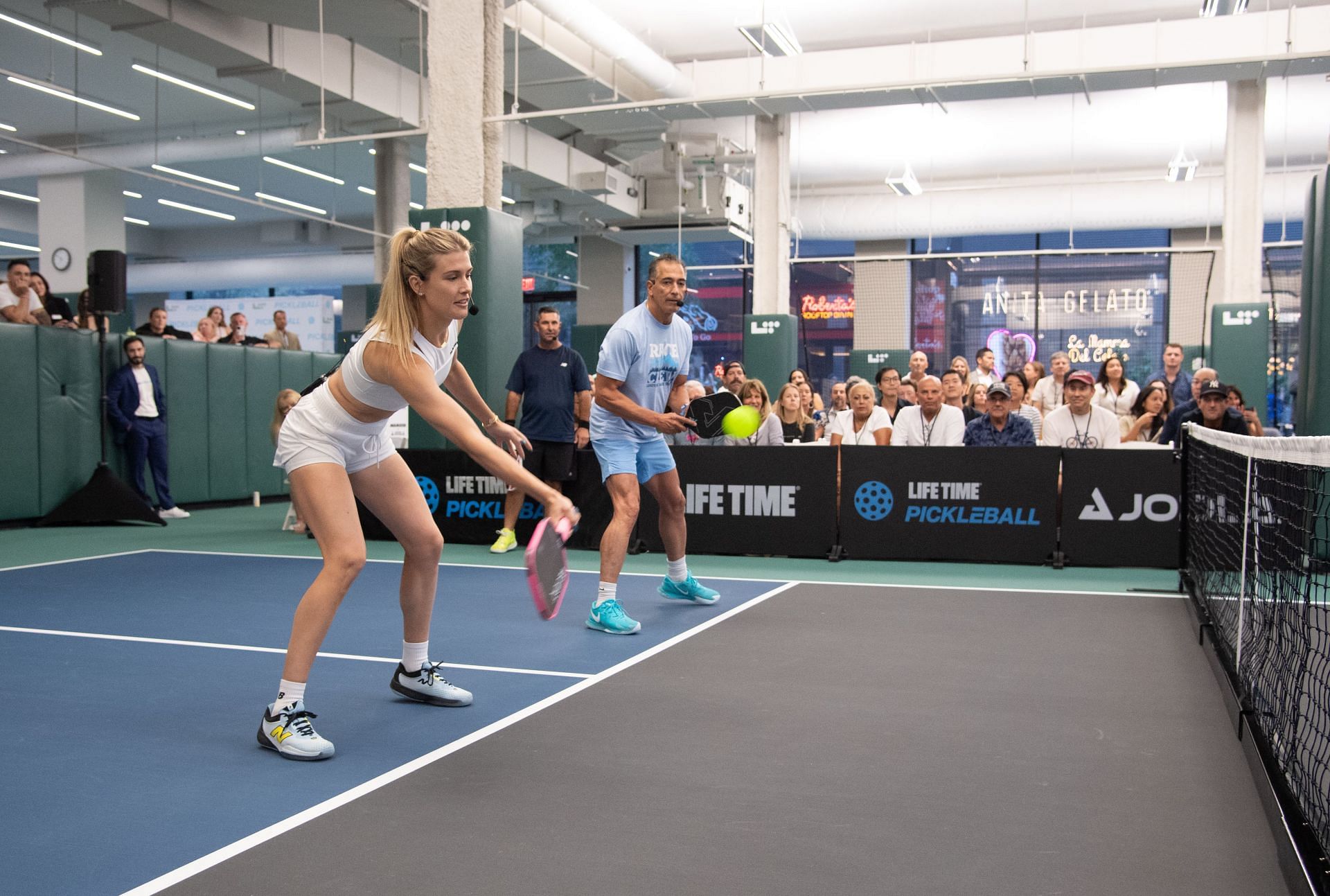 Andre Agassi and Eugenie Bouchard play pickleball at Life Time PENN 1 - Source: Getty