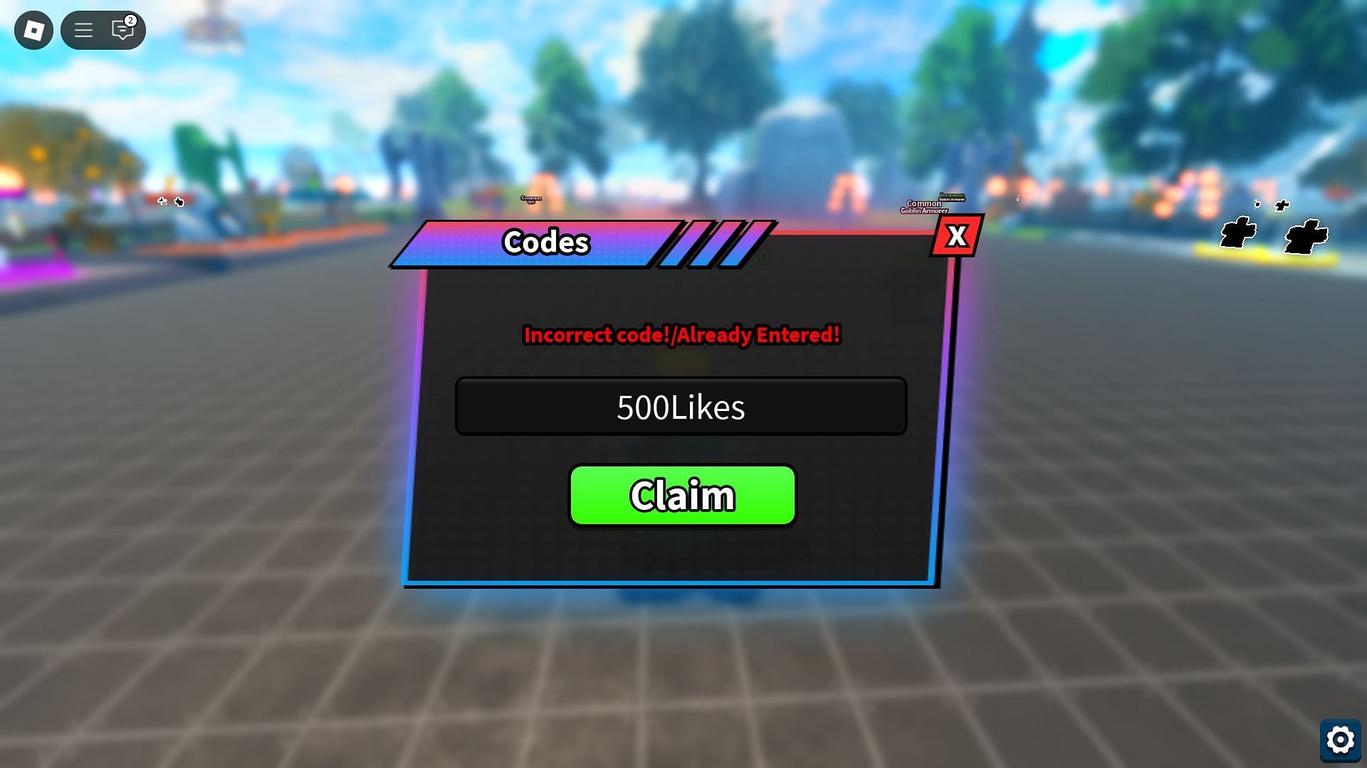 Mistyping the codes will get you an error (Image via Roblox)