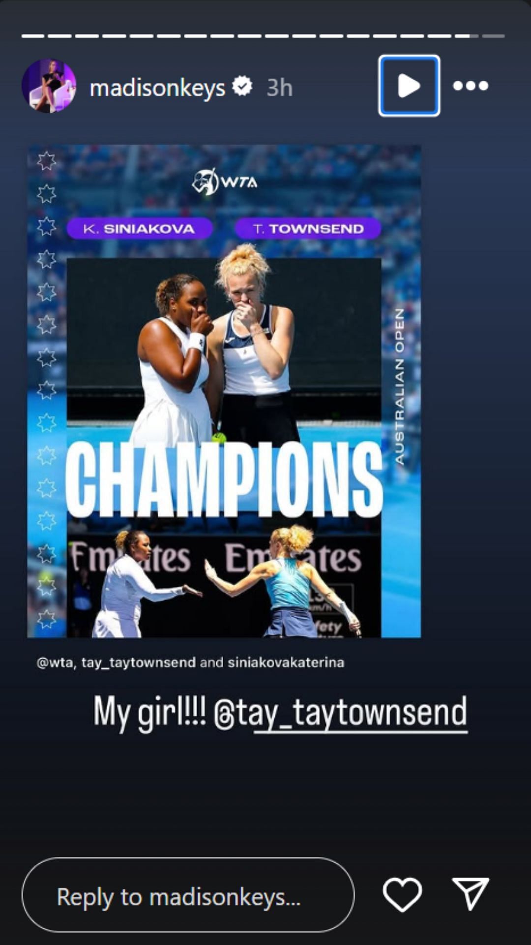 Madison Keys&#039; Instagram Story (Image: Instagram @madisonkeys)