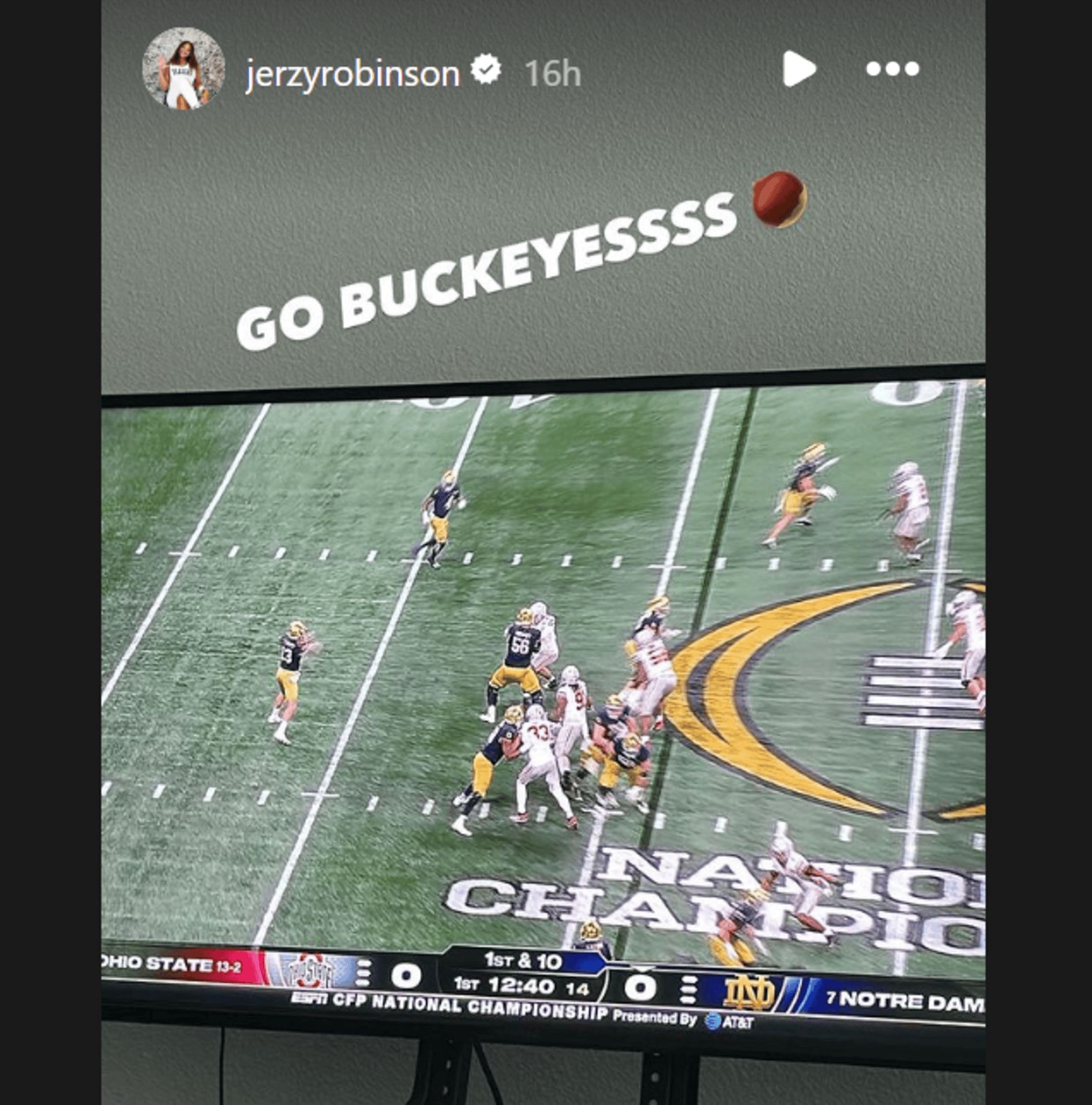 Jerzy Robinson showed her support for the Ohio State Buckeyes for the CFP national championship (Source: Instagram/@jerzyrobinson)