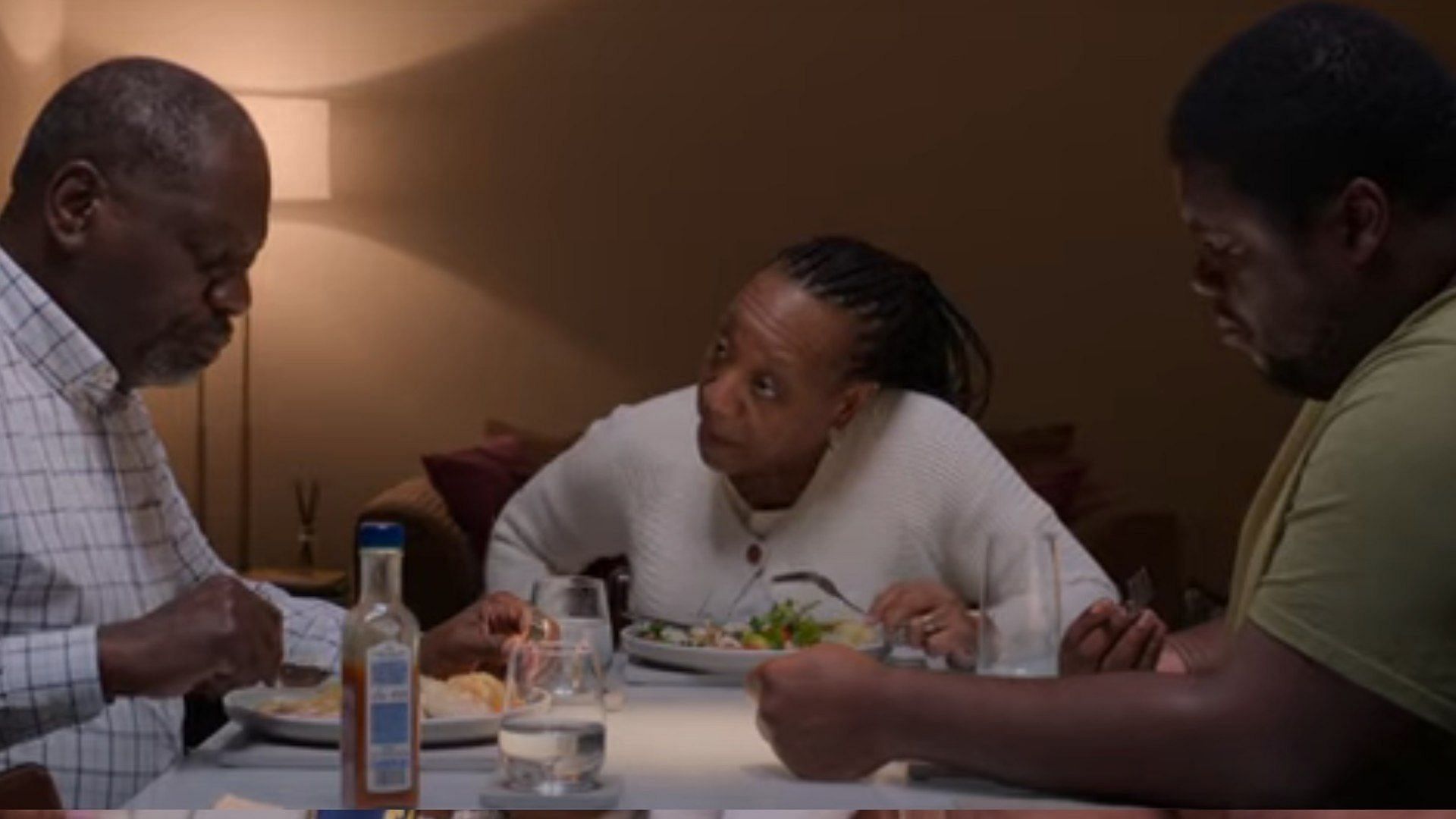 Pansy seen at the dinner table with her husband (left) and son (right) in a scene from Hard Truths (Image via StudiocanalUK)