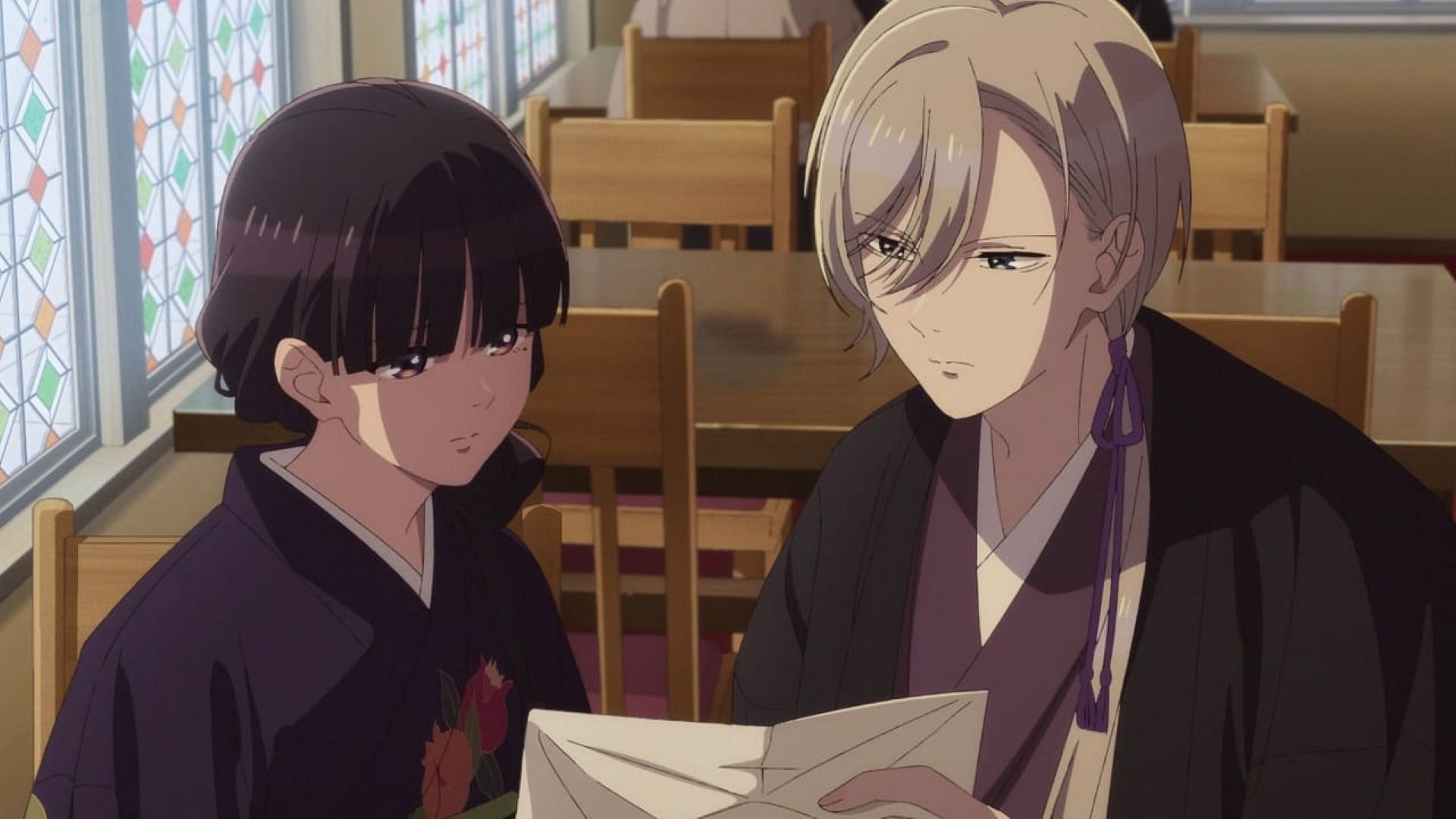 Miyo and Kiyoka read Takaihito&#039;s letter (Image via Kinema Citrus)