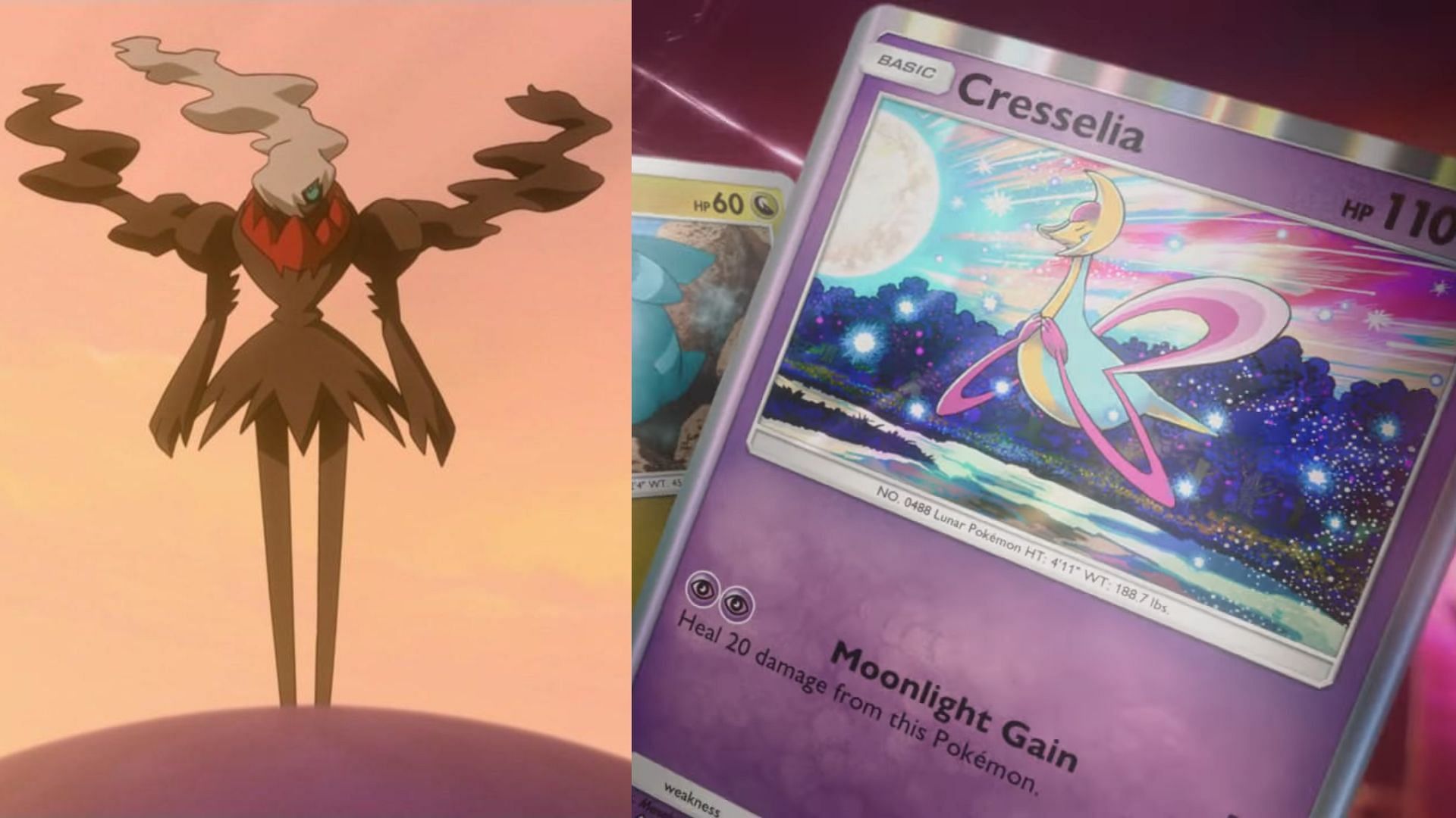 Darkrai as seen in the anime and Cresselia&rsquo;s revealed card (Image via The Pokemon Company)