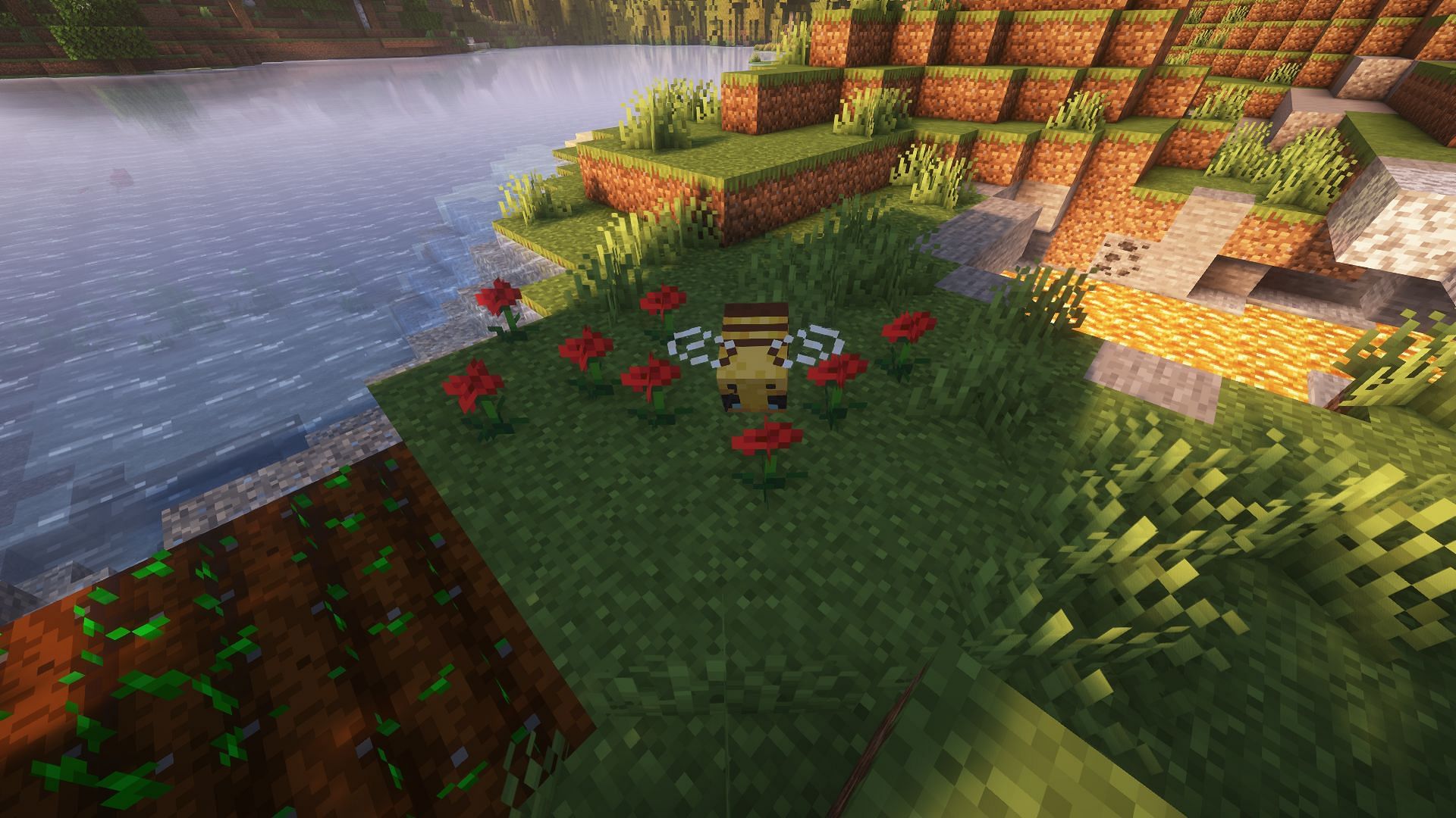 Bees will pollinate on a flower during the day and pick up pollen particles on their back (Image via Mojang Studios)