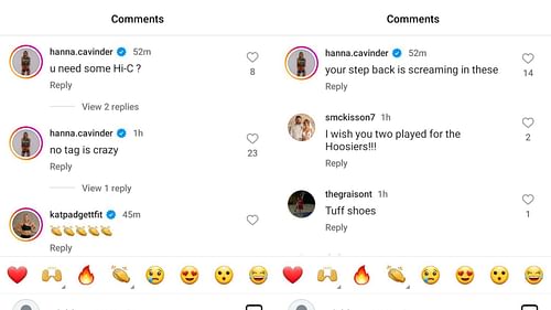 Hanna Cavinder placed several comments on her twin sister Haley Cavinder's Instagram post on Tuesday. Haley Cavinder shared a series of snaps of herself while playing for the Miami Hurricanes. Source: Instagram/@haleycavinder