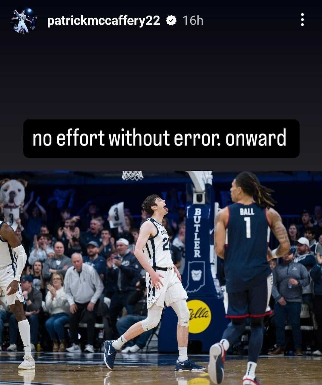 Patrick McCaffery reacts to his recent Butler performance. (Instagram)