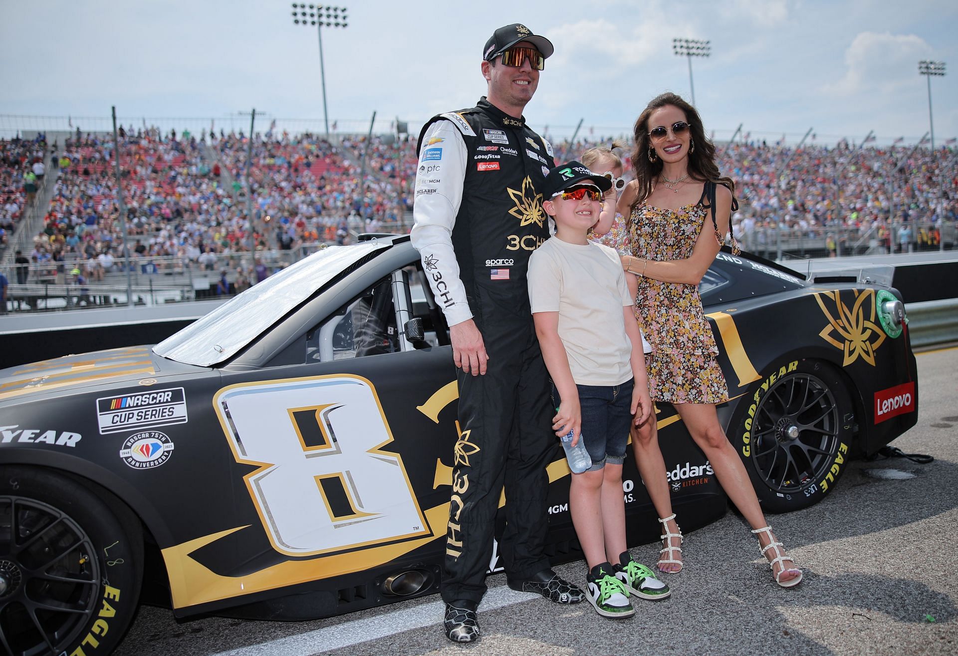 MADISON, ILLINOIS - JUNE 04: Kyle Busch, driver of the #8 3CHI Chevrolet, poses for photos with wife Samantha, son Brexton and daughter Lennix on the grid prior to the NASCAR Cup Series Enjoy Illinois 300 at WWT Raceway on June 04, 2023 in Madison, Illinois. (Photo by Jonathan Bachman/Getty Images) - Source: Getty