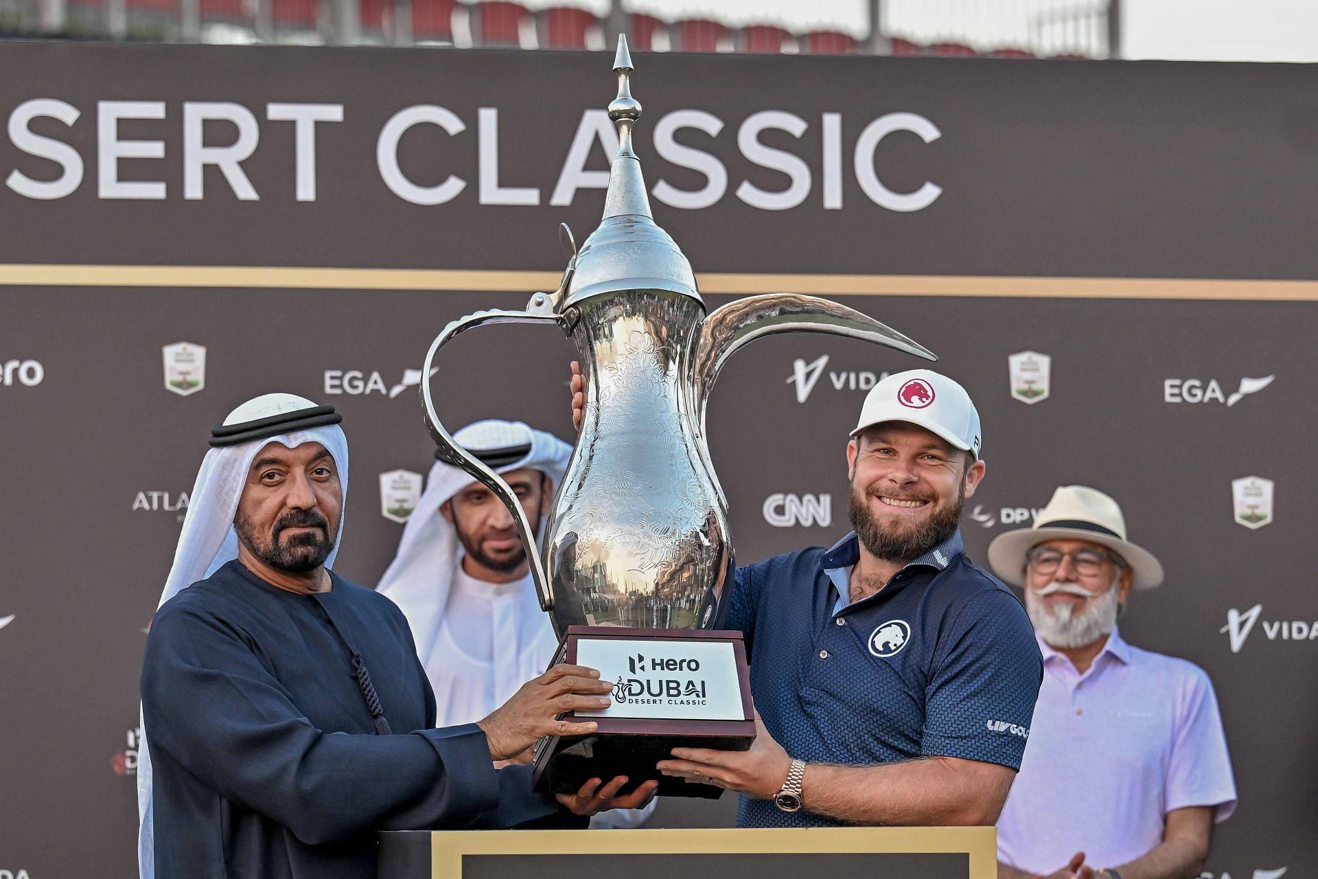 Tyrrell Hatton with the DP World Tour Golf Championship trophy - Source: Getty