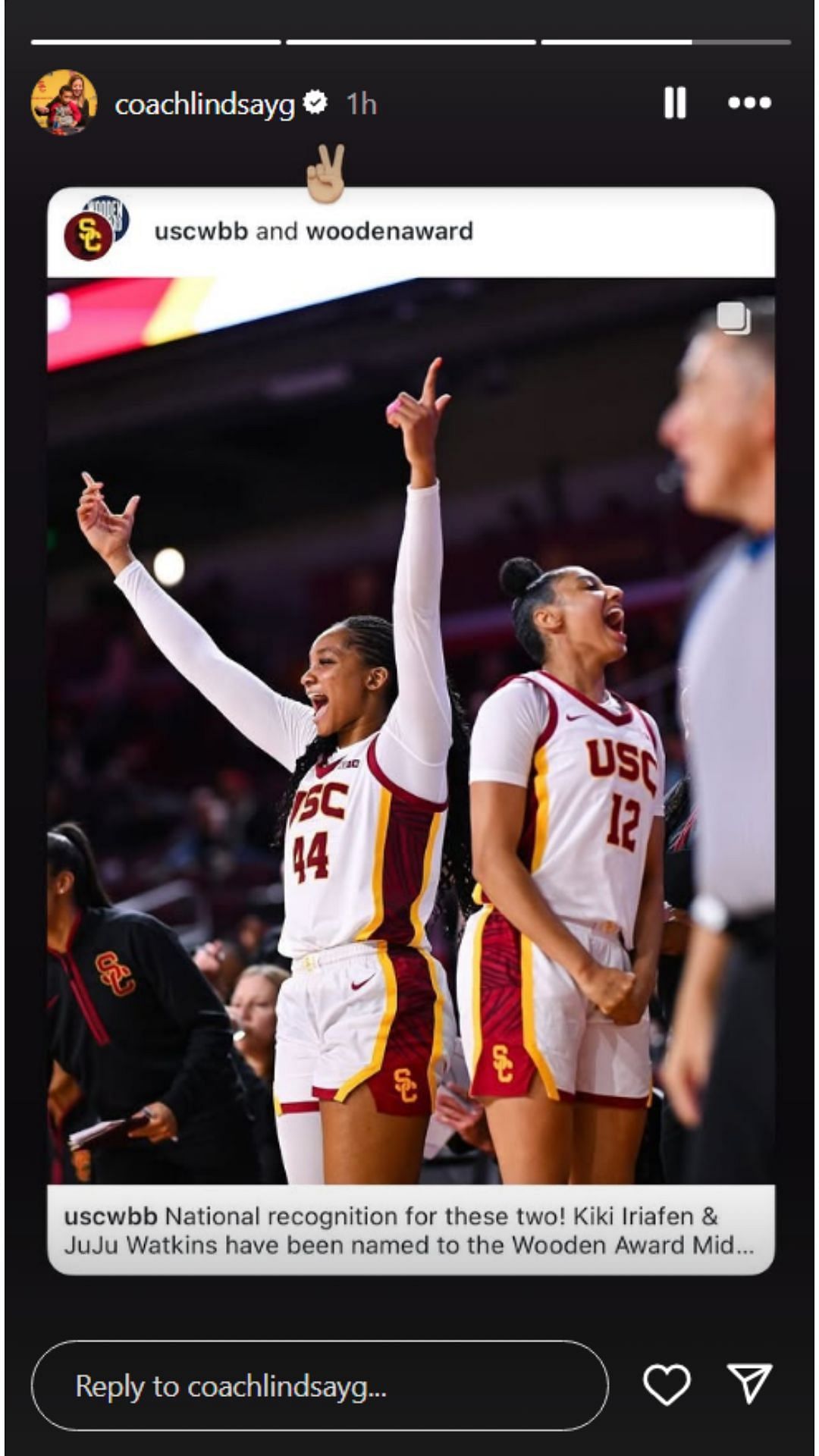 Lindsay Gottlieb reacts to JuJu Watkins and Kiki Iriafen&#039;s achievement