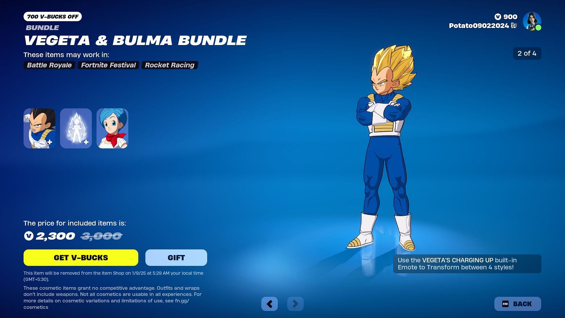 Vegeta and Bulma will remain in the Item Shop until January 9, 2025 (Image via Epic Games)