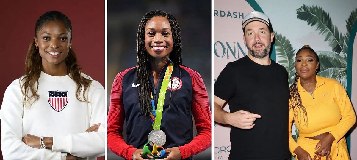 (Left to Right) Gabby Thomas, Allyson Felix, Alexis Ohanian and Serena Williams [Image source: Getty]