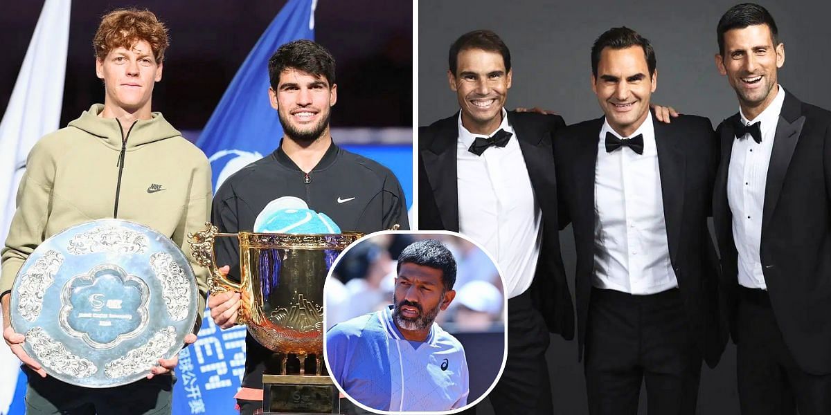 Jannik Sinner with Carlos Alcaraz (L); Rohan Bopanna (inset); Rafael Nadal, Roger Federer, and Novak Djokovic | Images: Getty