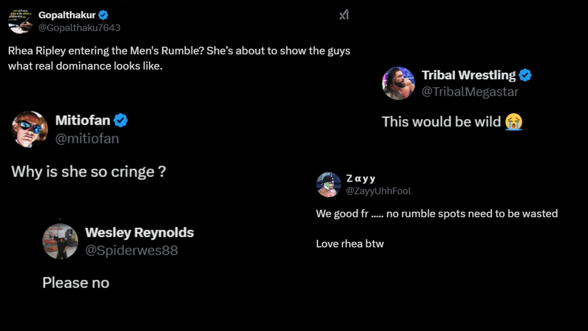 Screenshots of some more fan reactions [Image credit: Fan responses on WrestleOps&#039; X/Twitter handle]