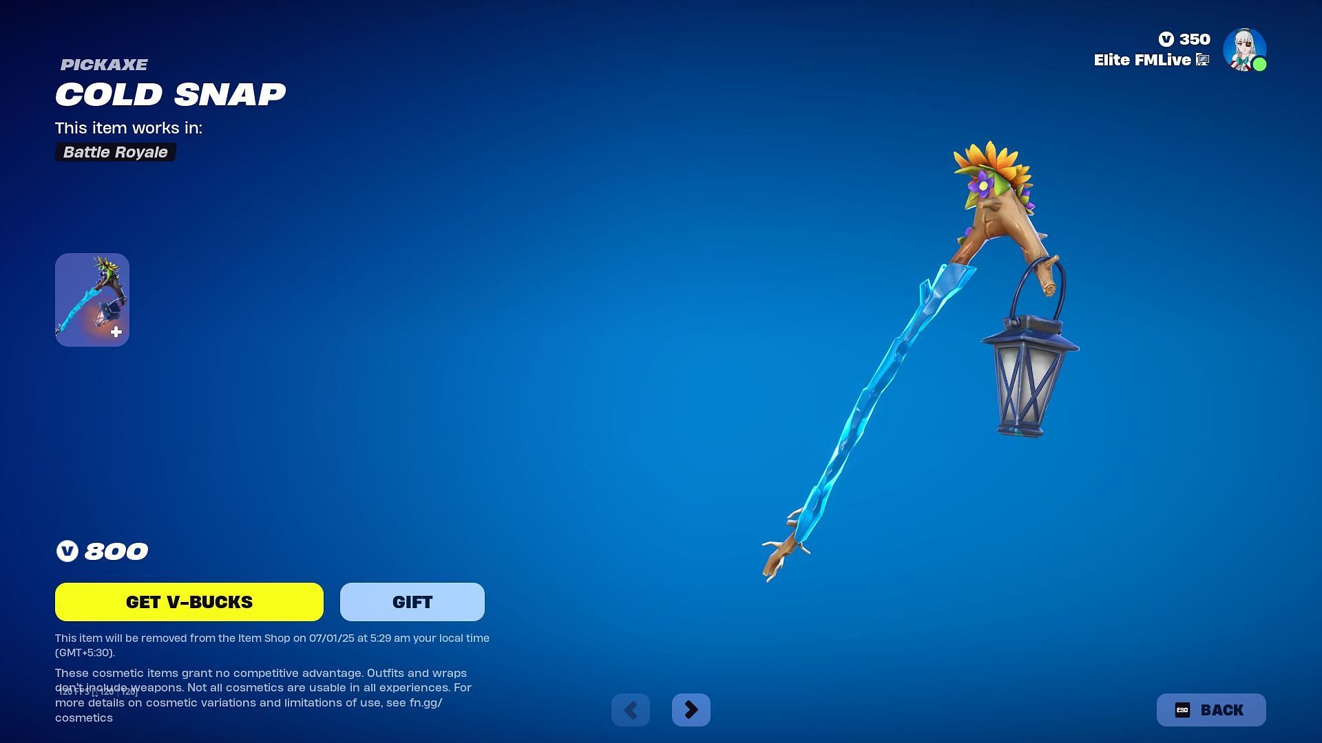 The Cold Snap Pickaxe in Fortnite will remain listed until January 7, 2025 (Image via Epic Games)