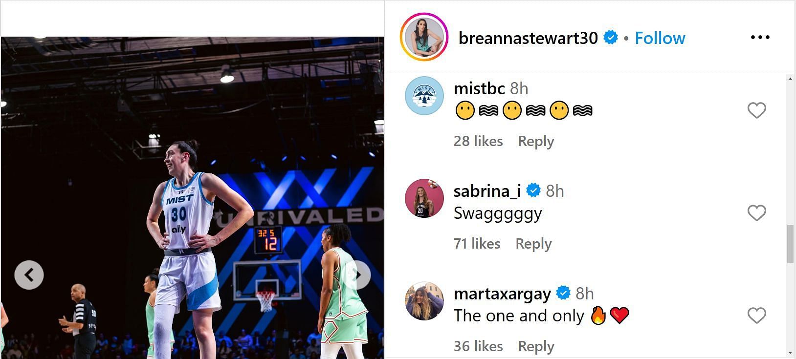 Marta Xargay and Sabrina Ionescu comment on Breanna Stewart&#039;s post. (Photo: Screengrabbed from @breannastewart30 on IG)