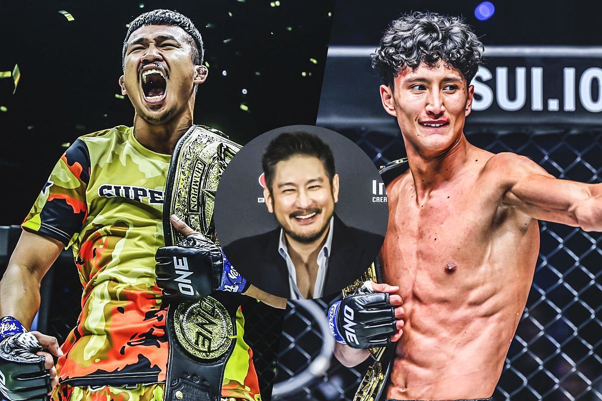 Superlek Kiatmoo9 (left) and Nabil Anane (right) with Chatri Sityodtong | Image credit: ONE Championship