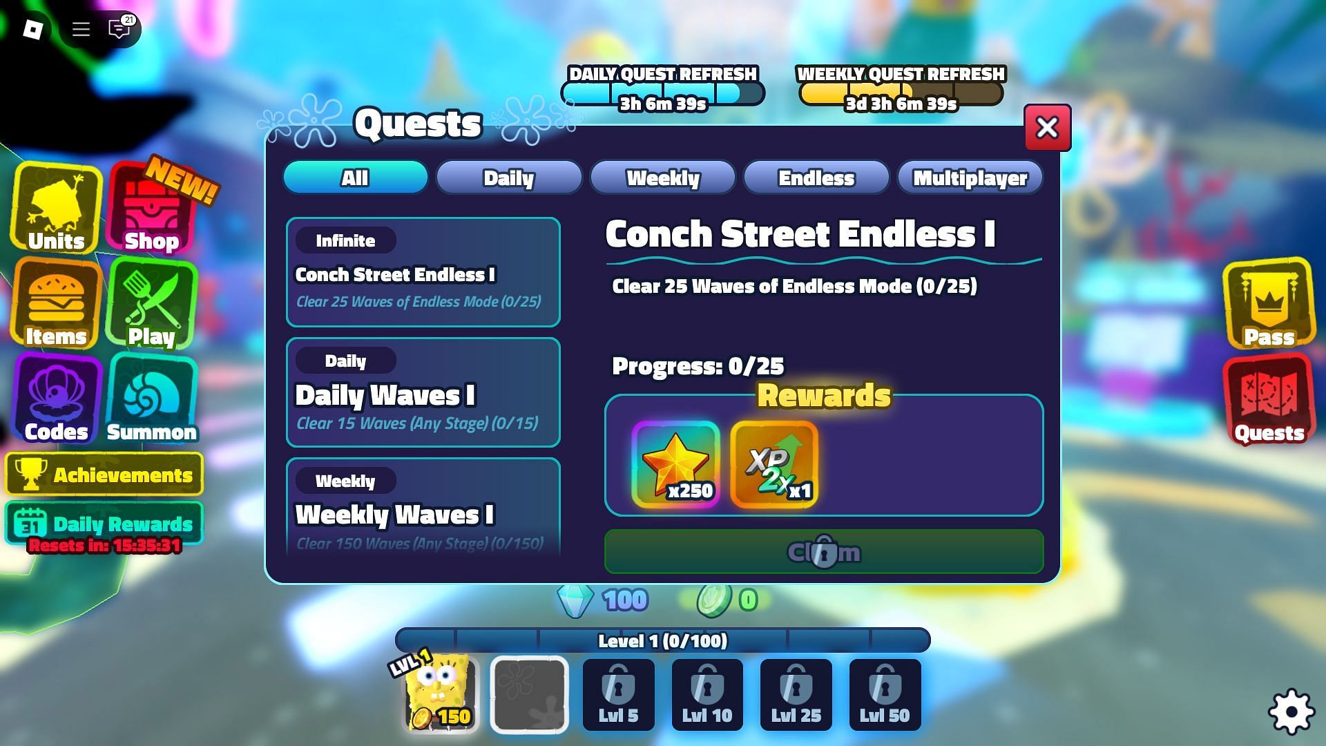 Complete quests to unlock rewards from the Season Pass in SpongeBob Tower Defense (Image via Roblox)