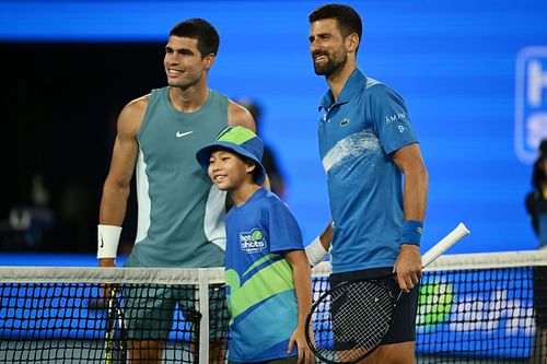 Novak Djokovic and Carlos Alcaraz at the 2025 Australian Open. (Source: Getty)