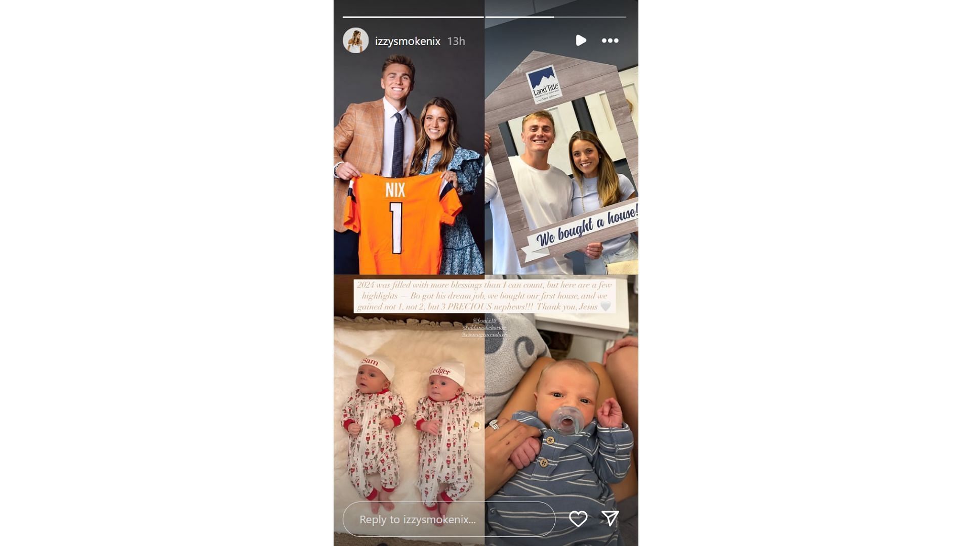 Denver Broncos rookie Bo Nix&#039;s wife Izzy recaps QB and her 2024 highlights [Image credit: @izzysmokenix IG account}