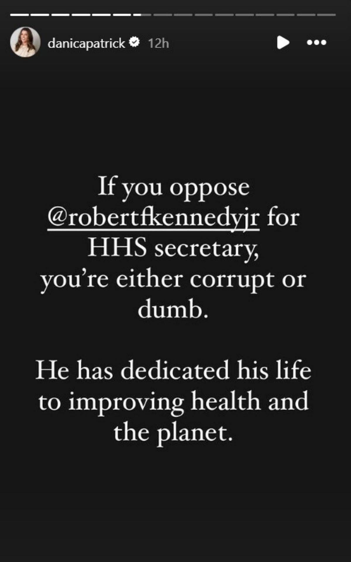 Screengrab of Danica Patrick&#039;s Instagram Story supporting Robert F. Kennedy Jr. as the secretary of HHS