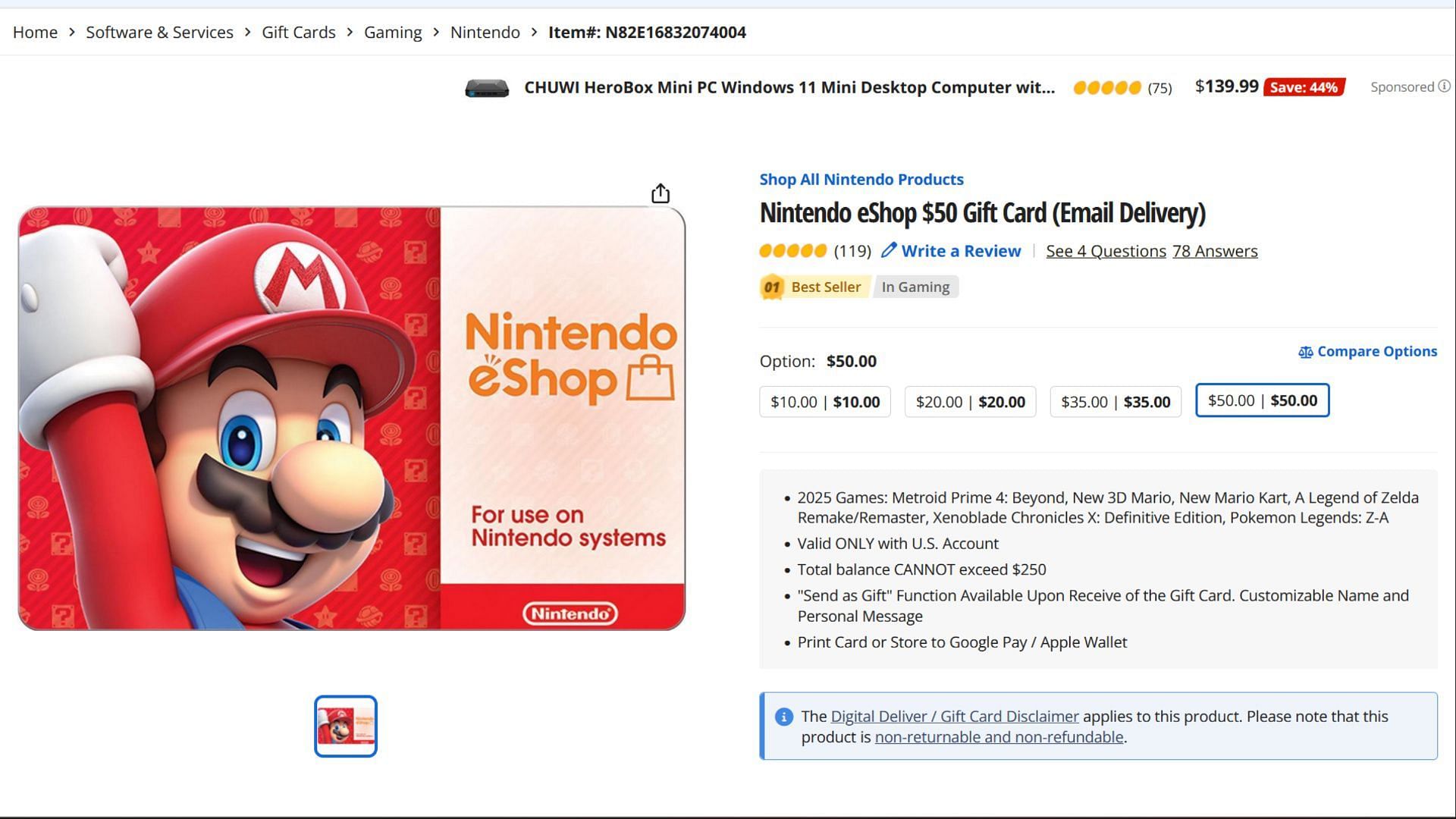 Nintendo eShop gift card page on Newegg (Image via Newegg)