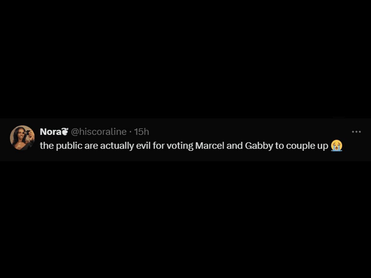 A fan reacts to Gabby and Marcel&#039;s pairing (Image via X/@hiscoraline)