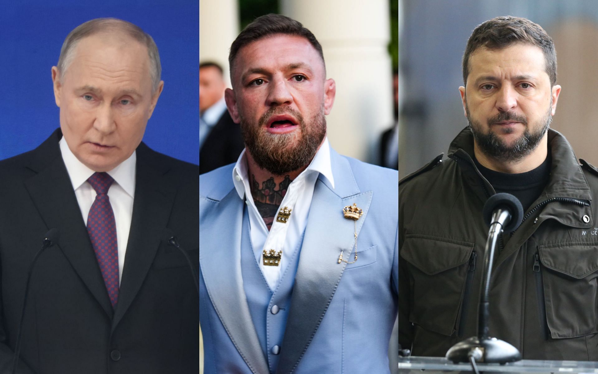 Conor McGregor (middle) calls on Vladimir Putin (left) and Volodymyr Zelenskyy (right) to stop the war. [Image courtesy: Getty Images] 