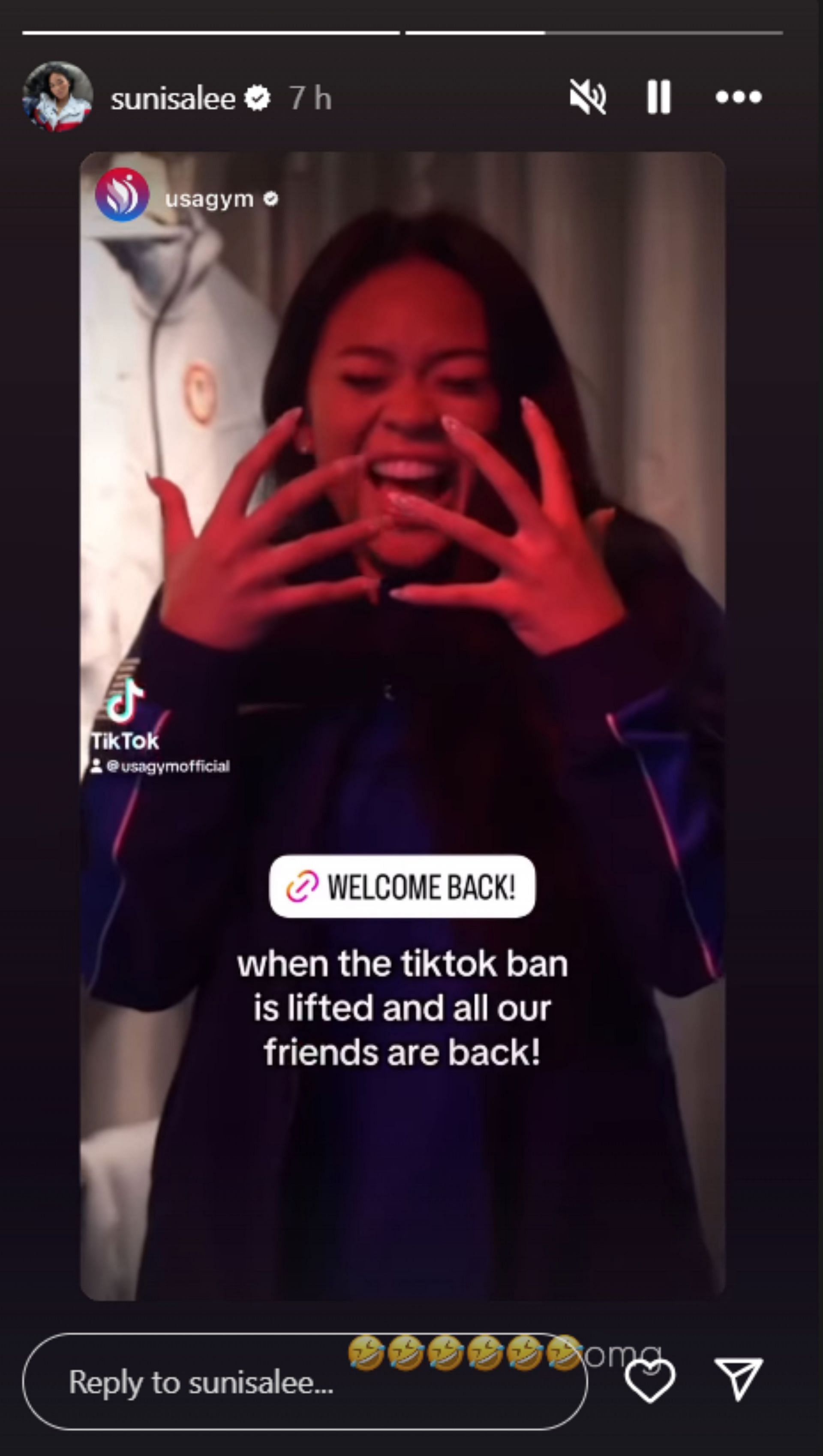 Suni Lee reacts to USA Gymnastics celebrating TikTok ban lift with her clip; Instagram - @sunisalee