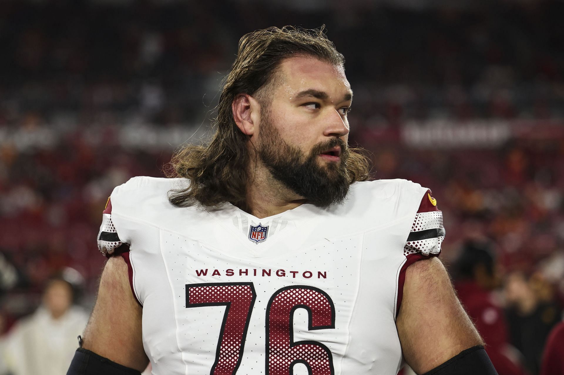 Sam Cosmi #76 of the Washington Commanders after a warmup session before an NFL game. (Credits: Getty)