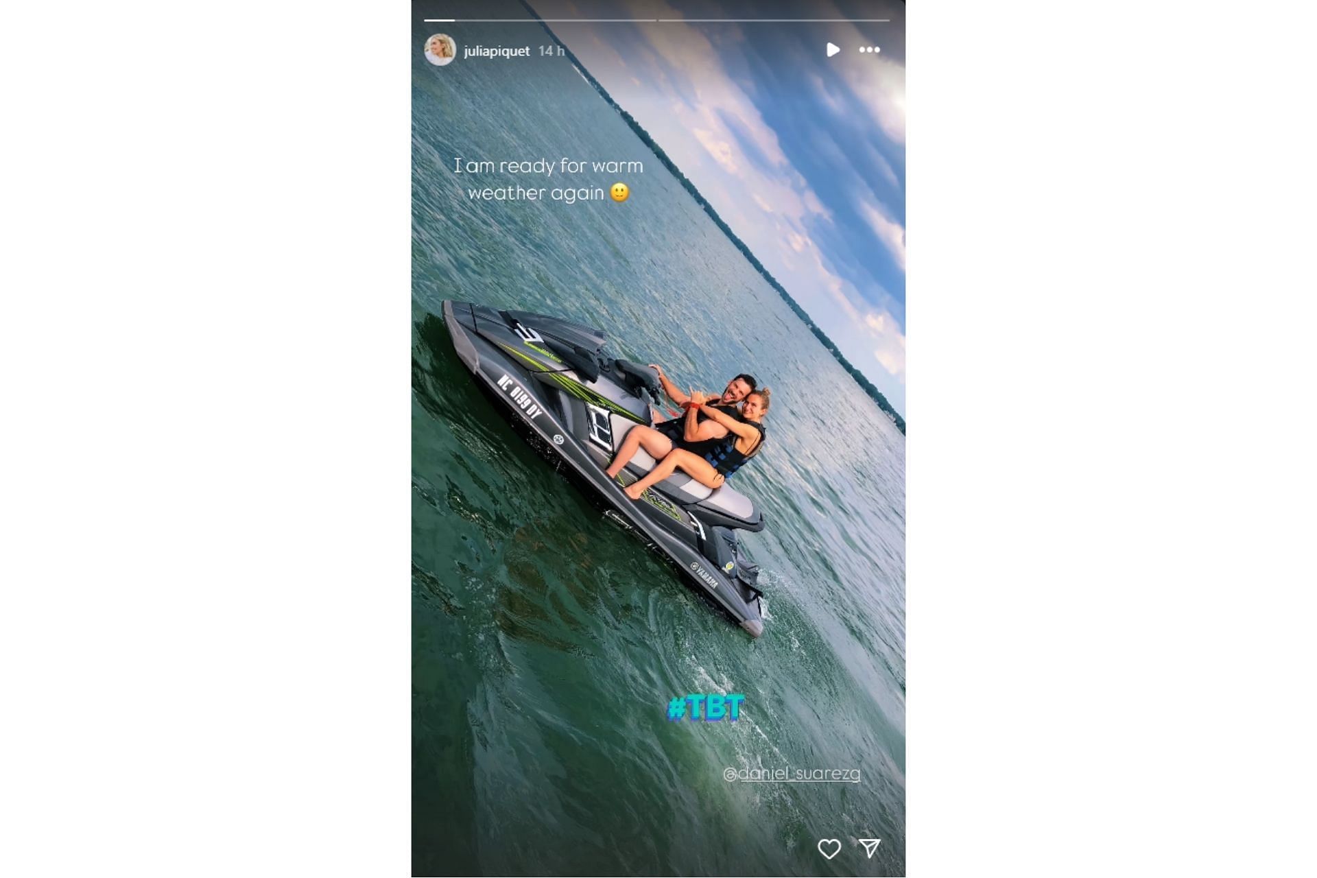 Julia Piquet&#039;s throwback picture with her husband Daniel Suarez on a jet ski - Source: via@juliapiquet on Instagram