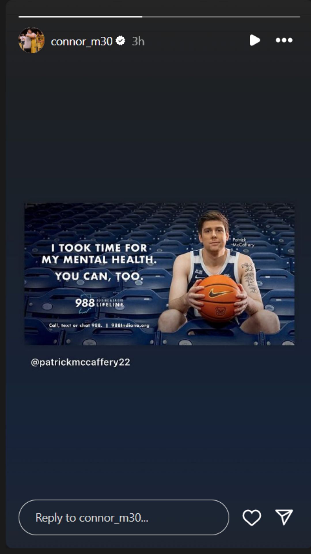 Connor McCaffery shares brother, Patrick&#039;s mental health initiative on IG story. Image via @connor_m30