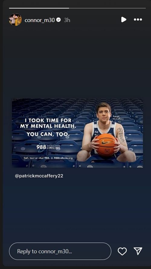 Connor McCaffery shares brother, Patrick's mental health initiative on IG story. Image via @connor_m30