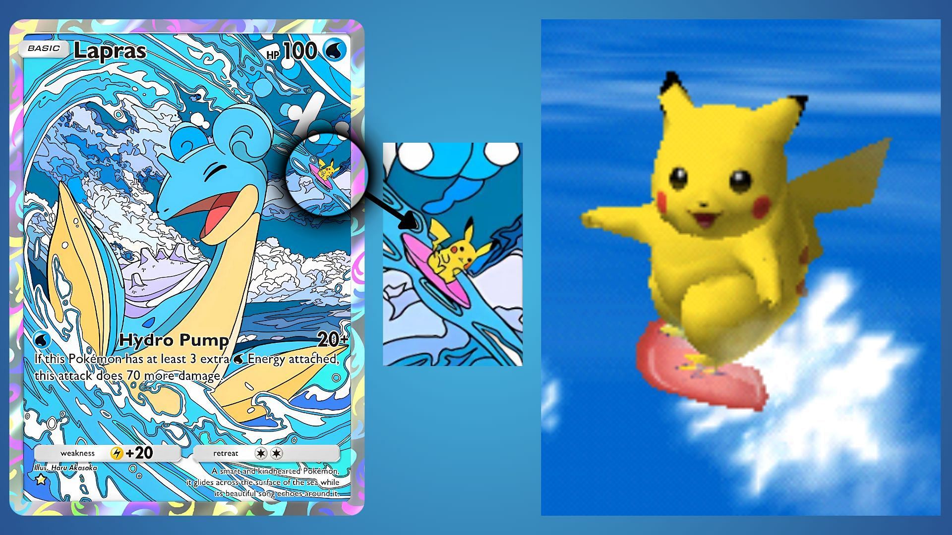 Surfing Pikachu as seen in Lapras&#039; card (Image via The Pokemon Company)