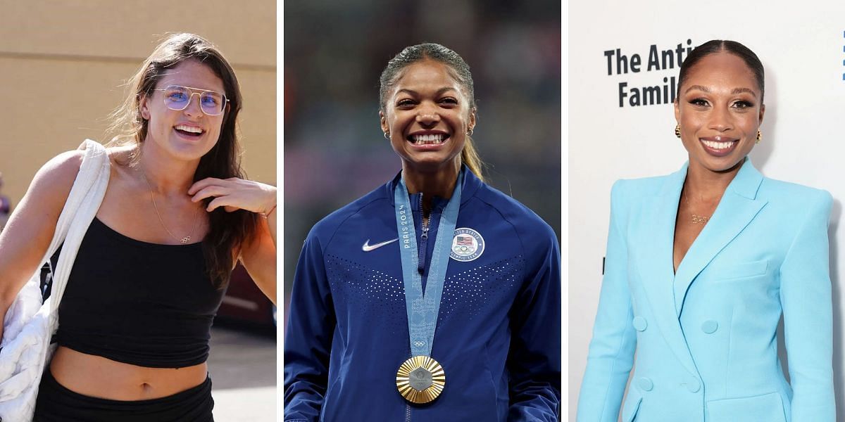 Ilona Maher (L) and Allyson Felix (R) react to Gabby Thomas (C) appearance on Vogue. PHOTO: All from Getty