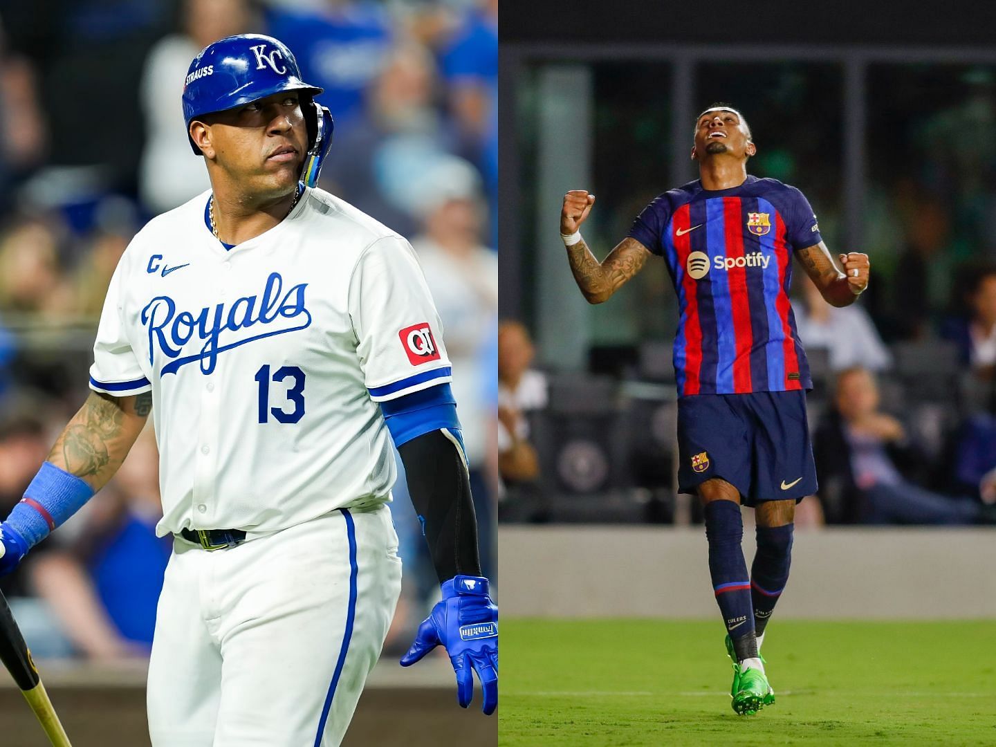 Salvador Perez is happy for Raphinha getting the MVP award for the Spanish Super Cup final. Source - Imagn