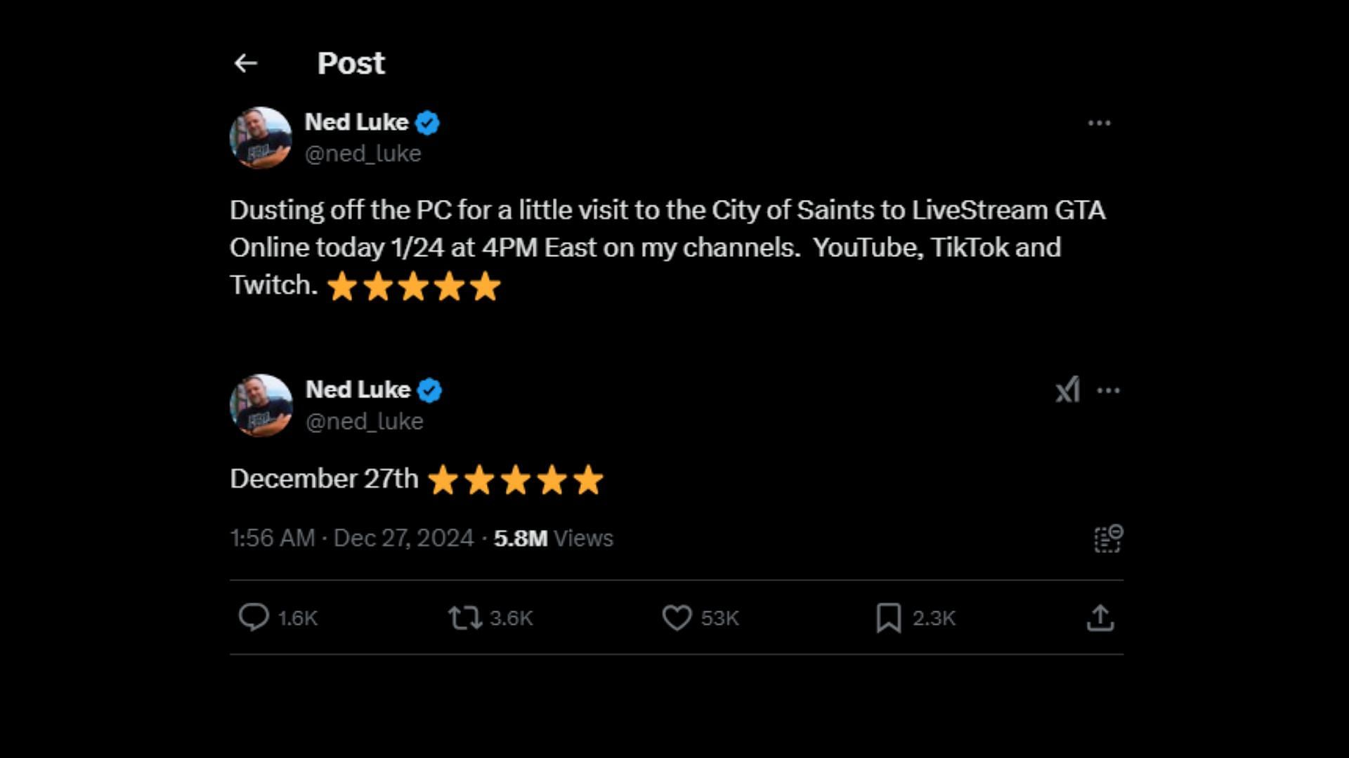 Some of GTA 5 actor Ned Luke&#039;s other tweets (Images via X/@ned_luke)