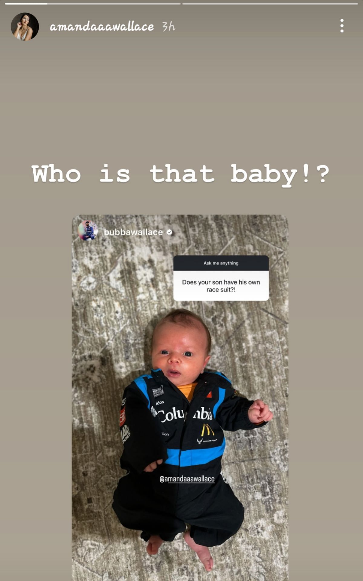 Bubba Wallace shared a picture of his son Becks Hayden wearing a fire suit