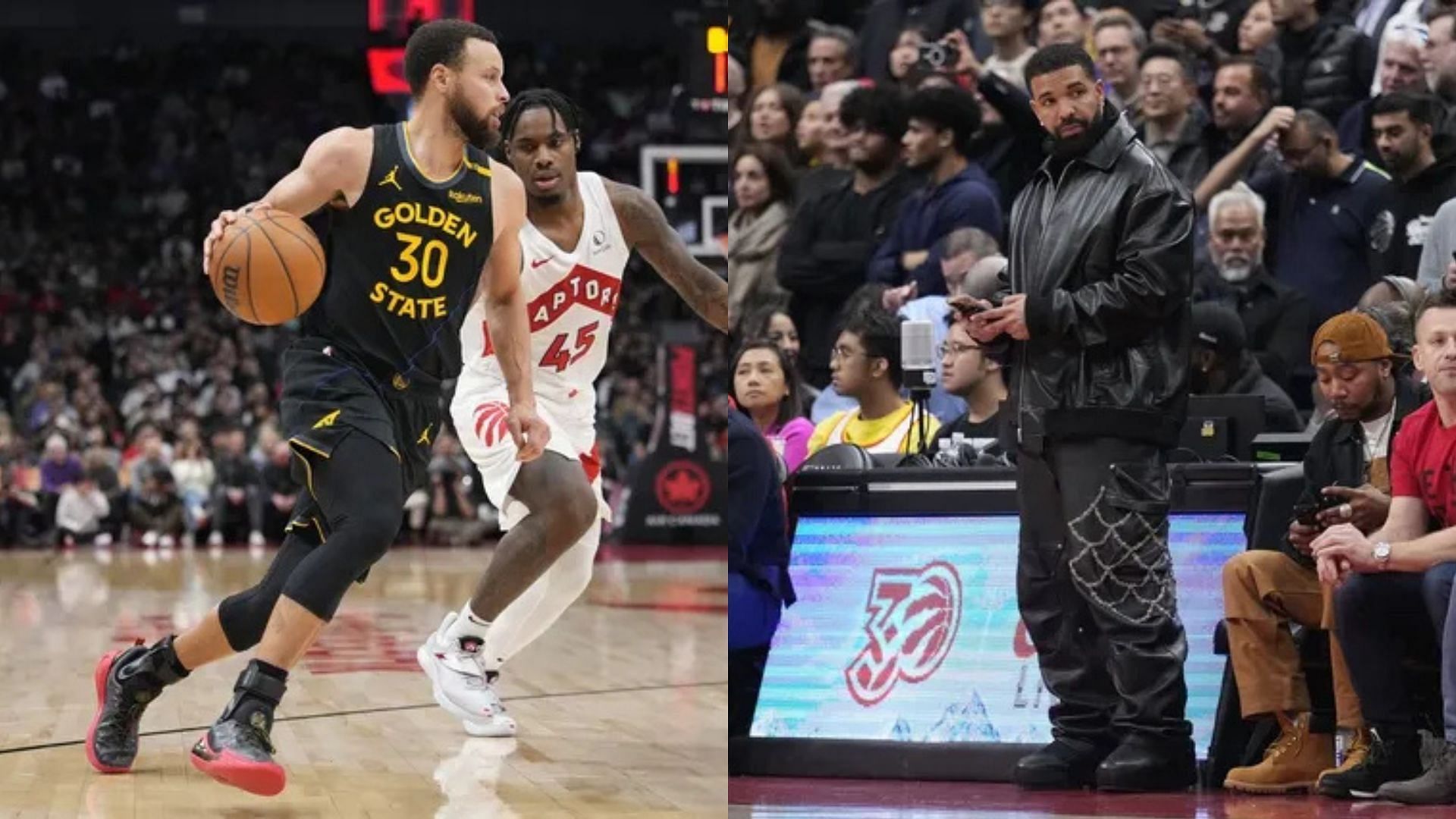 Stephen Curry of the Golden State Warriors during a game against the Toronto Raptors. Recording artist Drake watches an NBA game at Scotiabank Arena. Photo Credits: Imagn