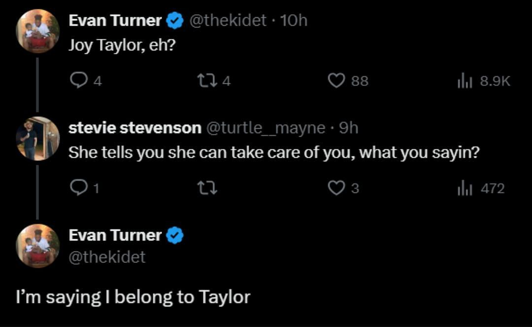 Evan Turner&#039;s hilarious exchange with fan over Taylor (Image: @thekidet X)