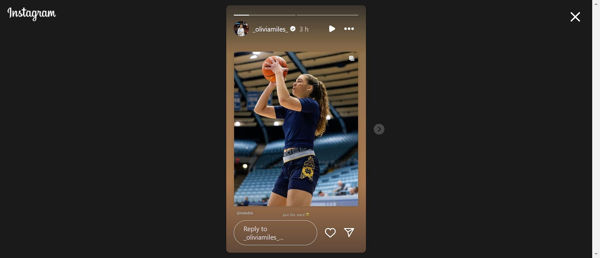 Olivia Miles was excited by Maddy Westbeld&#039;s return to Notre Dame following her stint on the sidelines. (Source: https://www.instagram.com/stories/_oliviamiles_/3539073456996401450/)