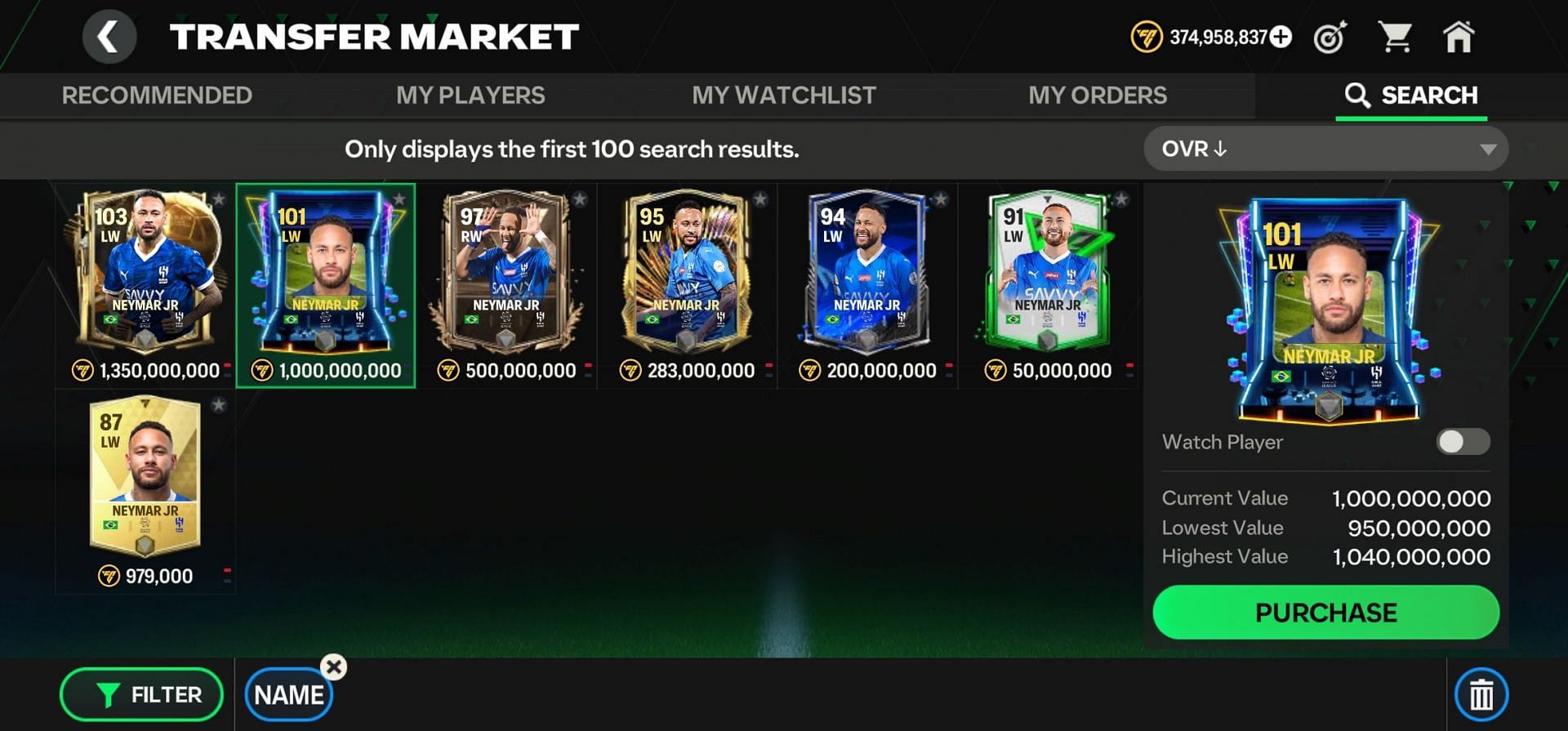 All present Neymar Jr. cards available in FC Mobile (Image via EA Sports)