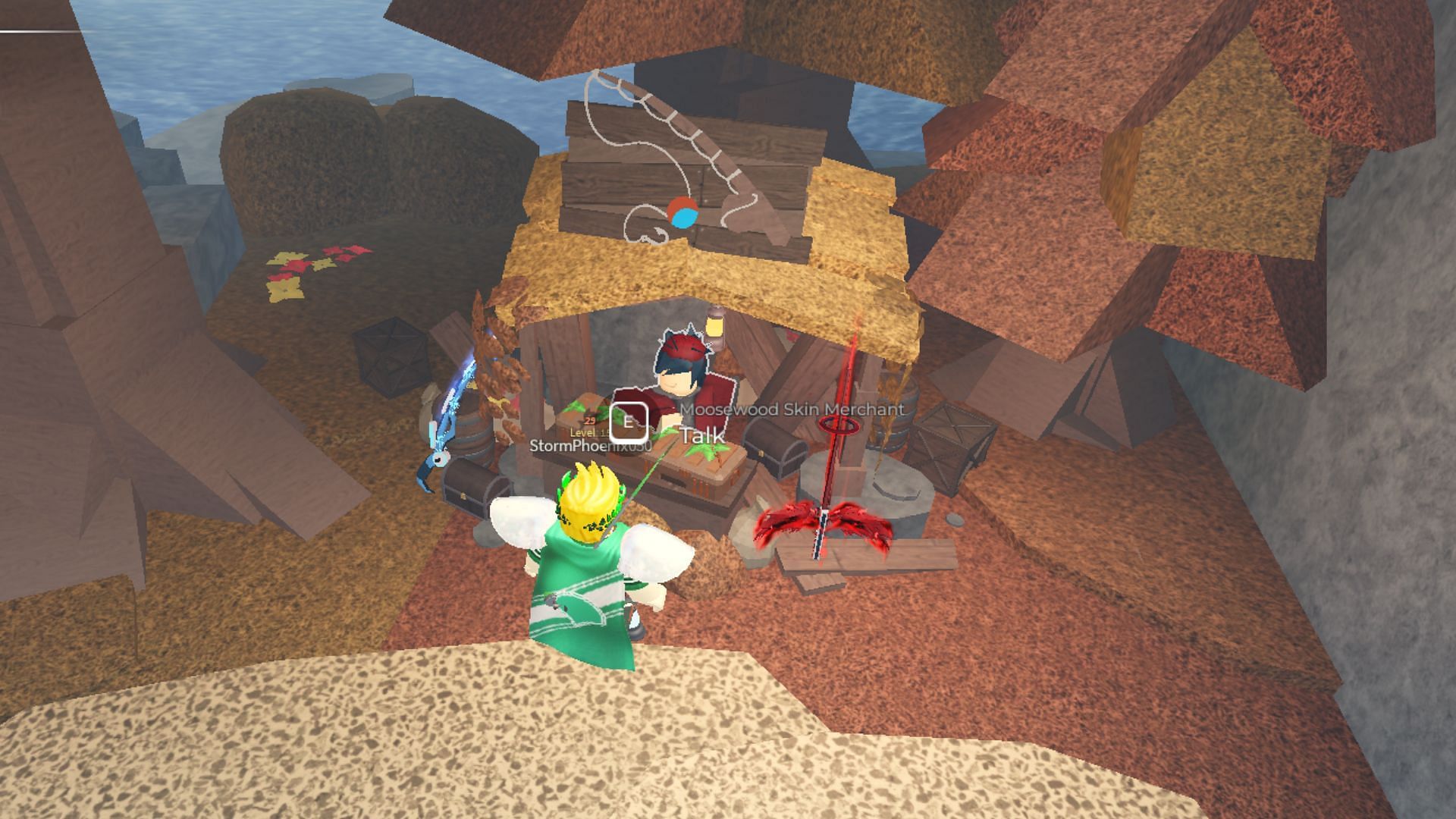 Talk to a Skin Merchants are on almost every major island (Image via Roblox)