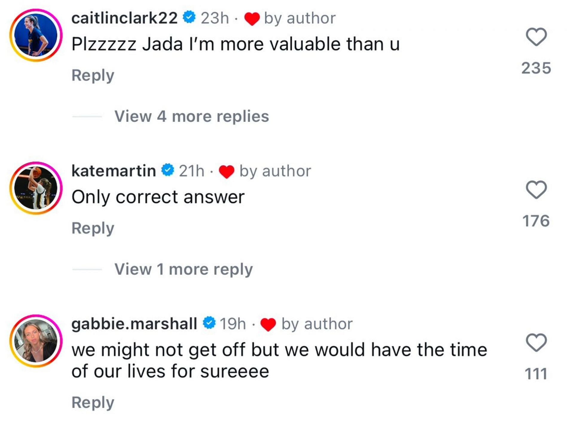 Caitlin Clark, Kate Martin and Gabbie Marshall comment on Jada Gyamfi&#039;s post. (Credits: IG/Jada Gyamfi)