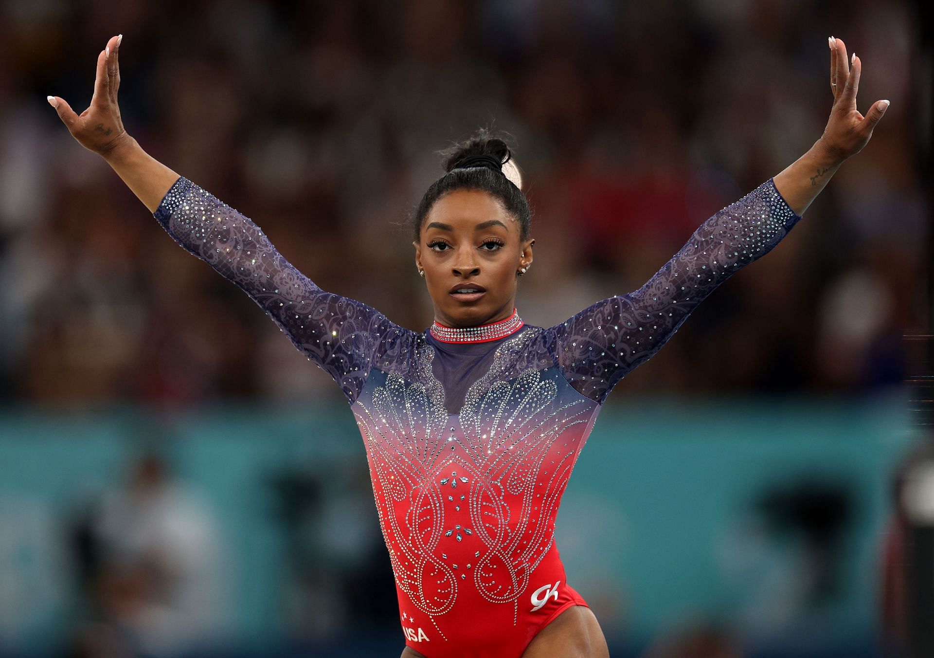 Simone Biles of Team United States competes in the Olympic Games 2024 in Paris, France. (Photo by Jamie Squire/Getty Images)