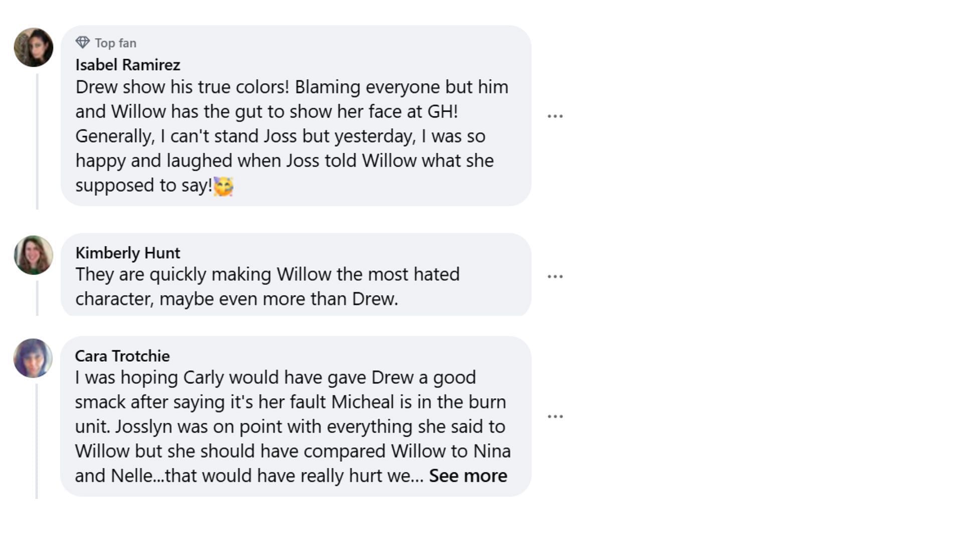 Fans discuss Joss and Carly&#039;s response to Willow and Drew&#039;s actions (Image via Facebook/@General Hospital)