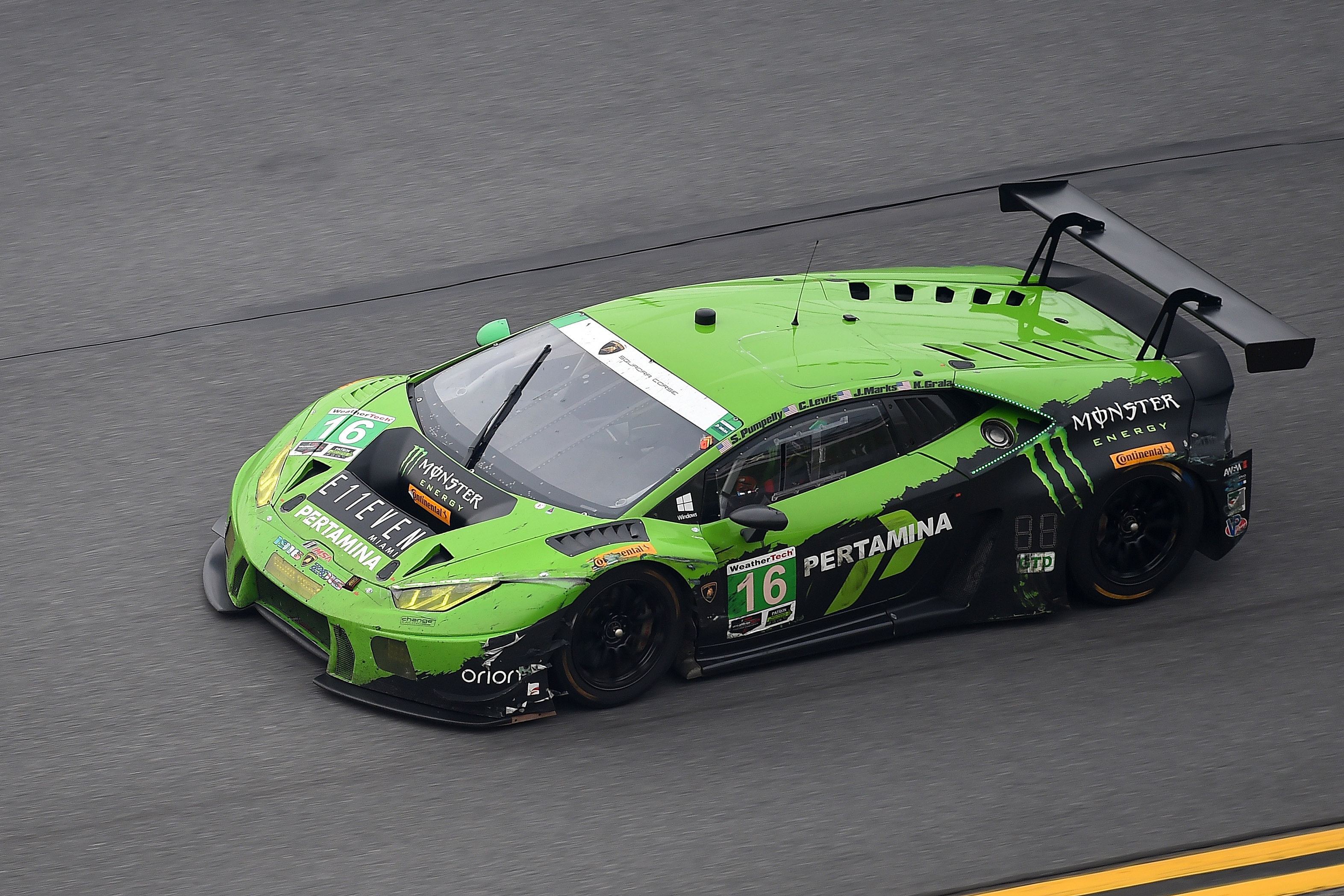 The Change Racing Lamborghini Huracan GT3 driven by Spencer Pumpelly, Corey Lewis, Justin Marks and Kaz Grala (16) during the Rolex 24 at Daytona International Speedway in 2018 - Source: Imagn