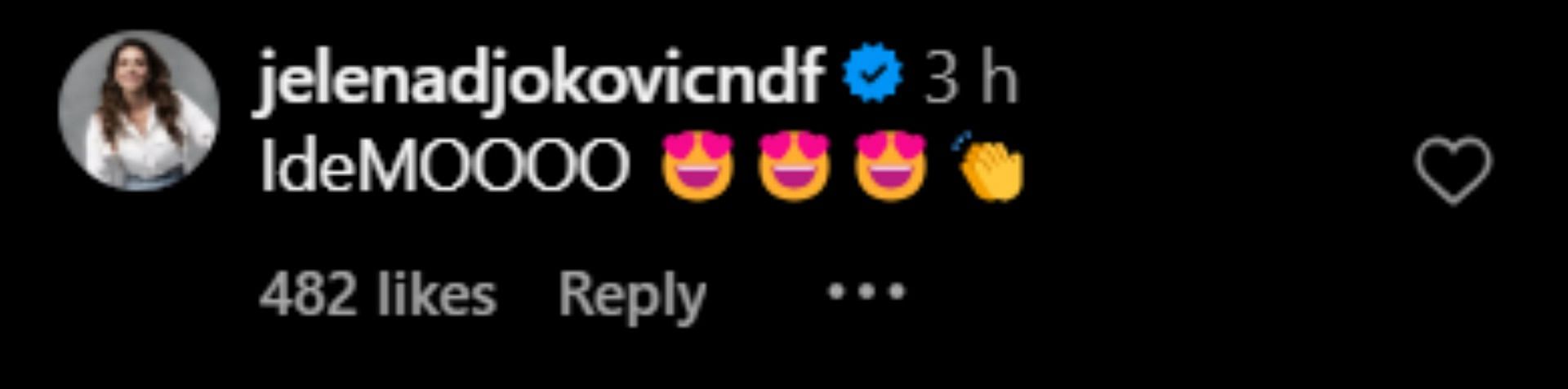 Jelena Djokovic&#039;s comment on Novak Djokovic&#039;s Instagram post (@djokernole)